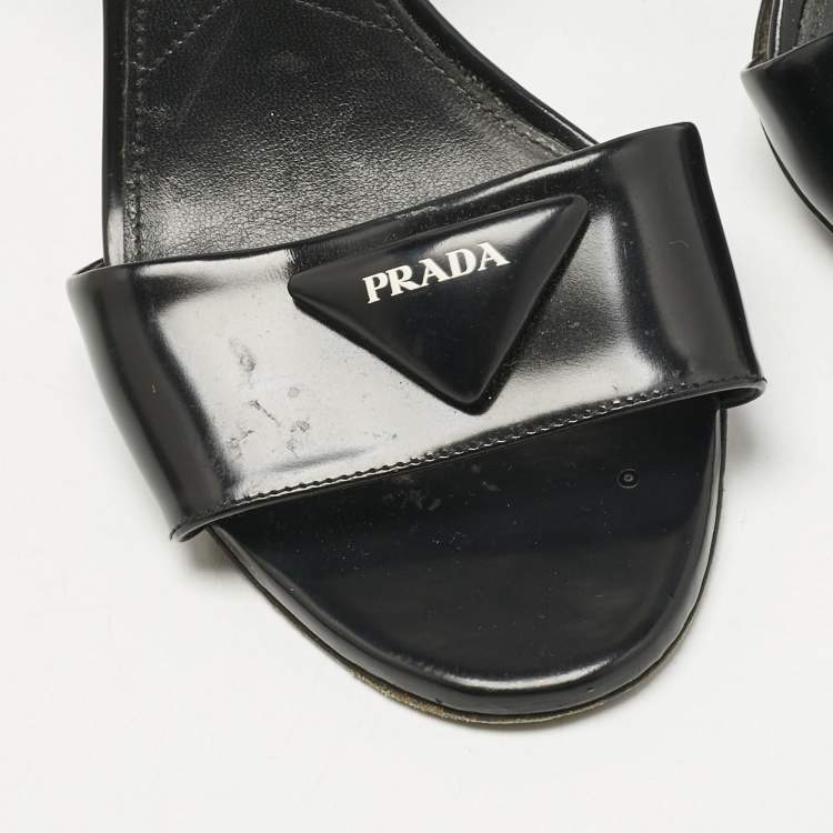 Pre Owned Prada Black Patent Leather Logo Ankle Strap Sandals Size 40