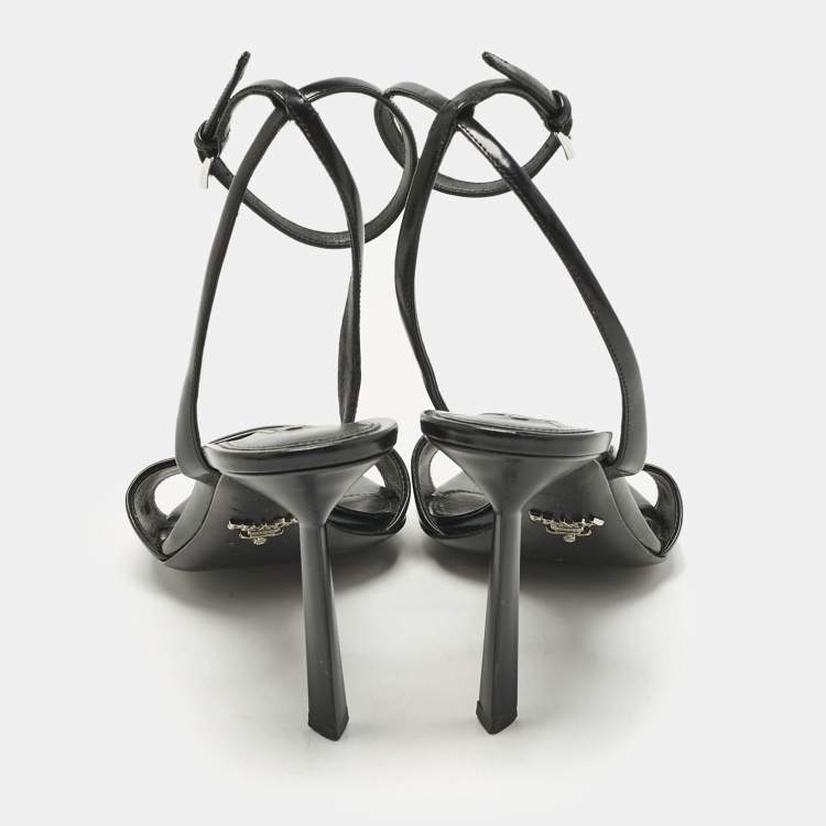 Pre Owned Prada Black Patent Leather Logo Ankle Strap Sandals Size 40