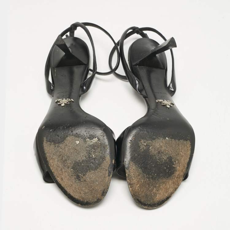 Pre Owned Prada Black Patent Leather Logo Ankle Strap Sandals Size 40