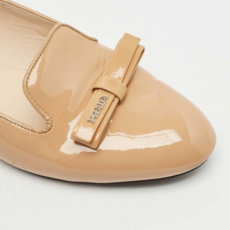 Pre Owned Prada Beige Patent Leather Bow Ballet Flat Size 38