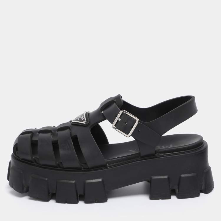 Pre Owned Prada Black Rubber Monolith Sandals Size 38