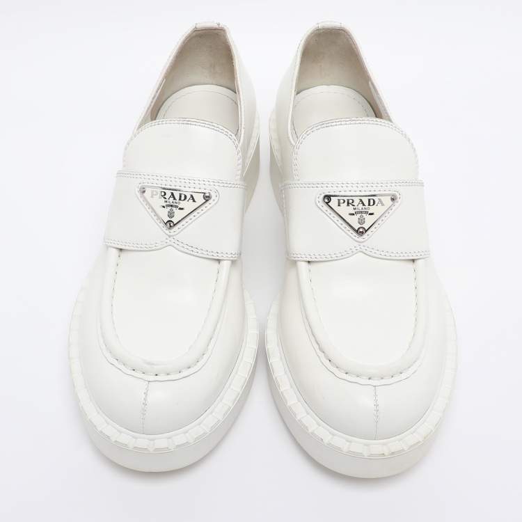 Pre Owned Prada White Leather Slip On Loafers Size 36
