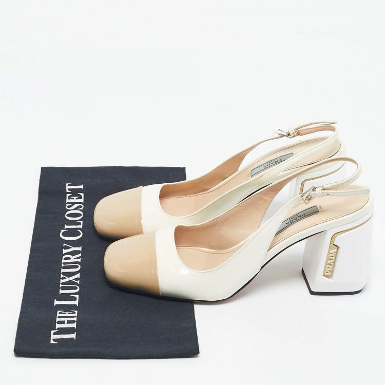 Pre Owned Prada White/Beige Patent Leather Block Heel Slingback Pumps Size 39.5