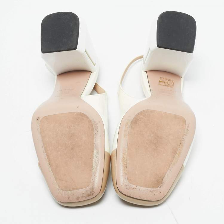 Pre Owned Prada White/Beige Patent Leather Block Heel Slingback Pumps Size 39.5