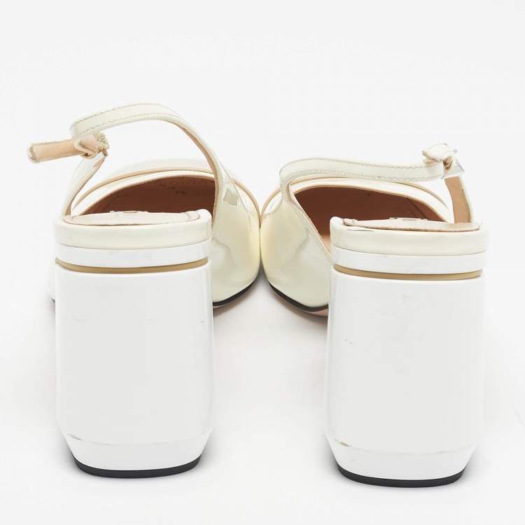 Pre Owned Prada White/Beige Patent Leather Block Heel Slingback Pumps Size 39.5