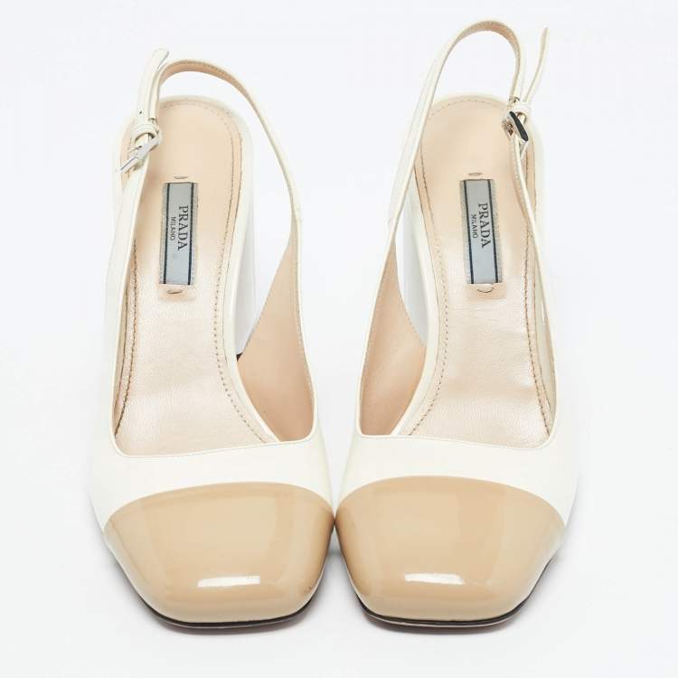Pre Owned Prada White/Beige Patent Leather Block Heel Slingback Pumps Size 39.5