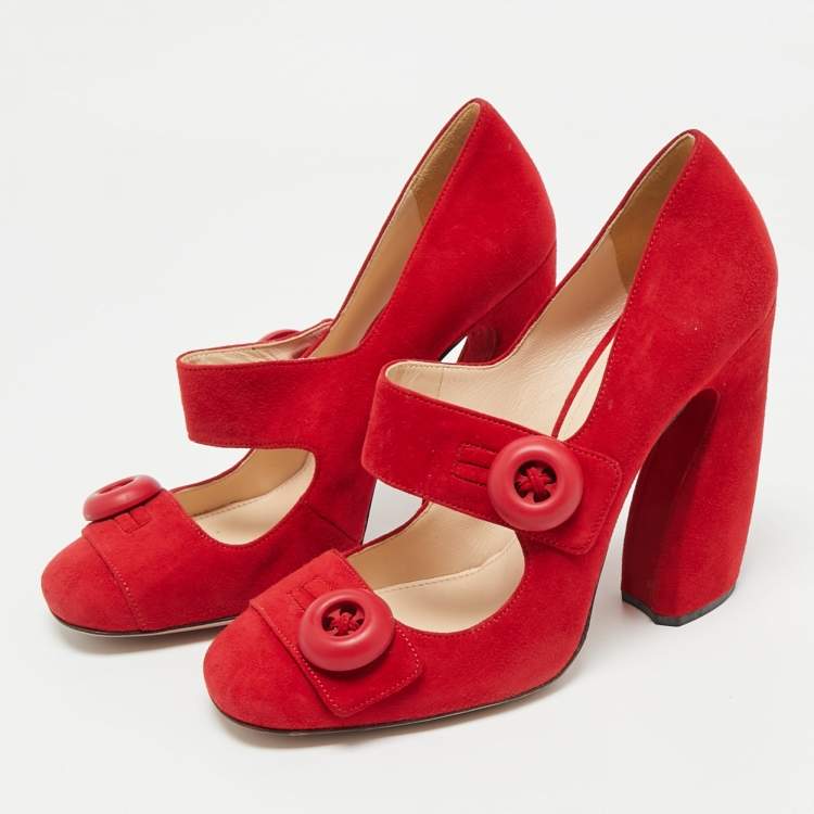 Pre Owned Prada Red Suede Mary Jane Button Pumps Size 39.5