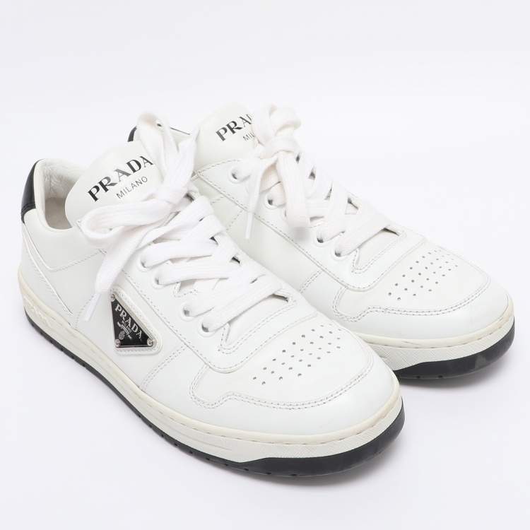 Pre Owned Prada White Leather Downtown Low Top Sneakers Size 37.5