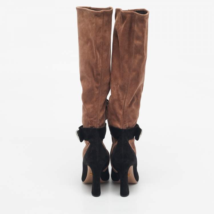 Pre Owned Prada Black/Beige Suede Knee Length Block Heel Boots Size 39.5