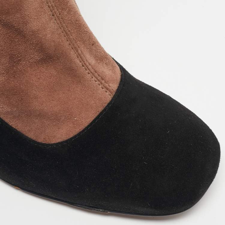 Pre Owned Prada Black/Beige Suede Knee Length Block Heel Boots Size 39.5