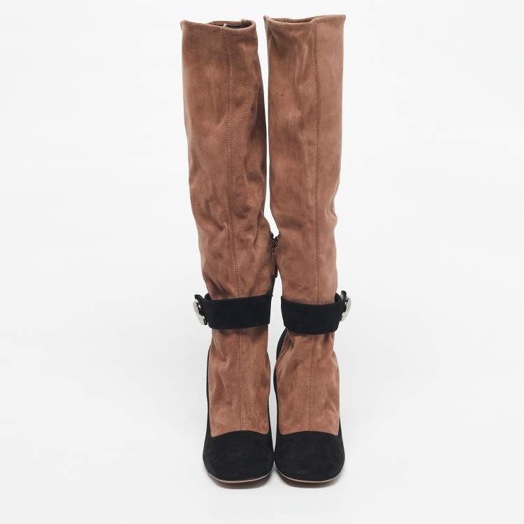 Pre Owned Prada Black/Beige Suede Knee Length Block Heel Boots Size 39.5