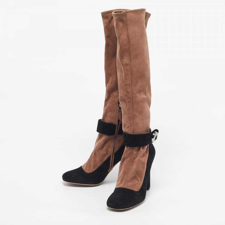 Pre Owned Prada Black/Beige Suede Knee Length Block Heel Boots Size 39.5