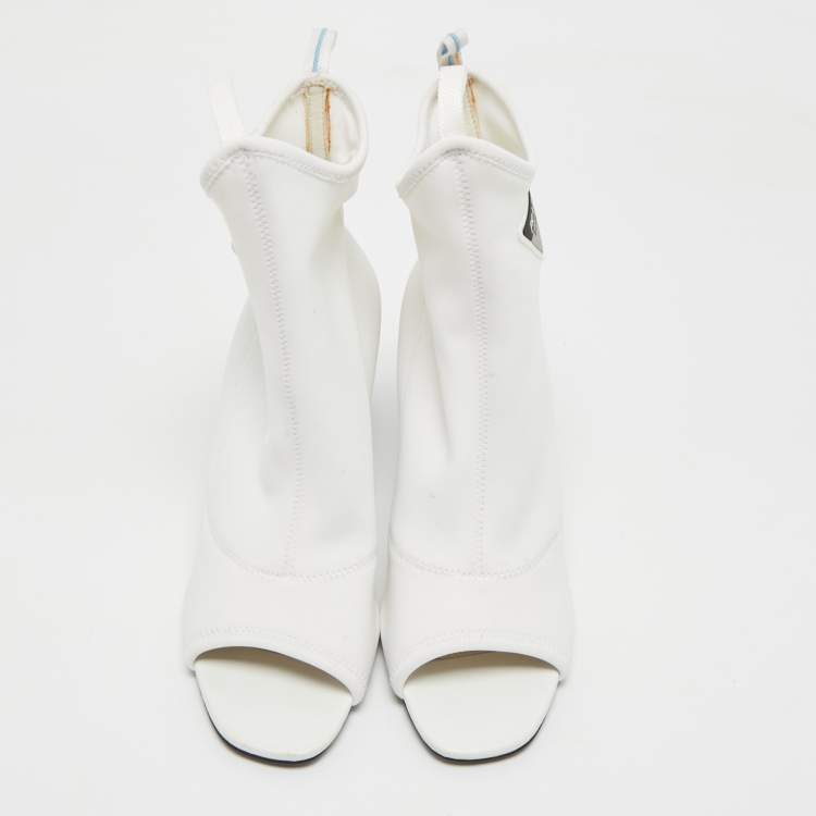 Pre Owned Prada White Stretch Fabric Open Toe Ankle Length Boots Size 39