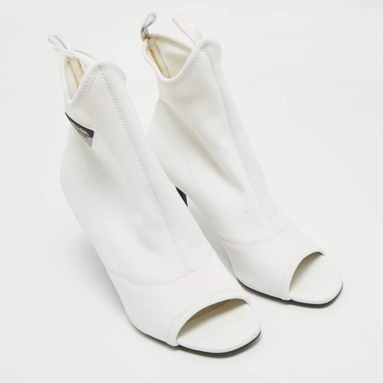 Pre Owned Prada White Stretch Fabric Open Toe Ankle Length Boots Size 39