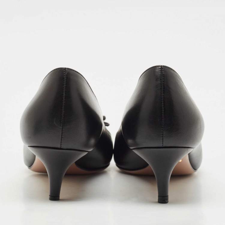 Pre Owned Prada Black Leather Bow Pointed Toe Kitten Heel Pumps Size 38.5