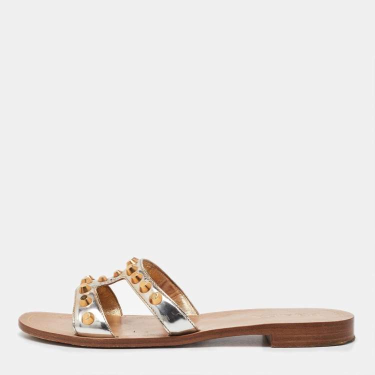 Pre Owned Prada Gold Leather Studded Flat Slides Size 38