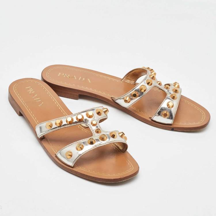 Pre Owned Prada Gold Leather Studded Flat Slides Size 38