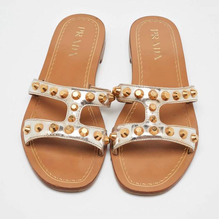 Pre Owned Prada Gold Leather Studded Flat Slides Size 38
