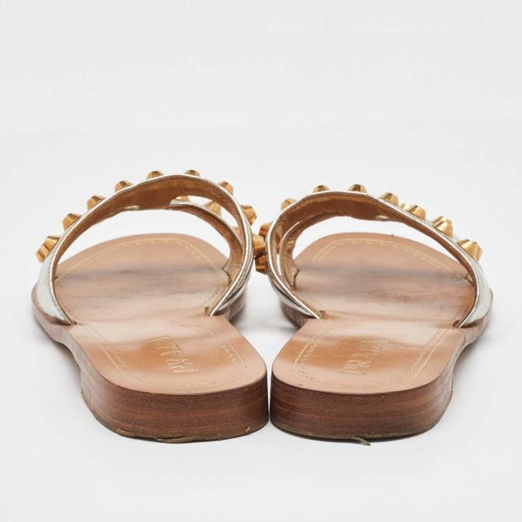 Pre Owned Prada Gold Leather Studded Flat Slides Size 38