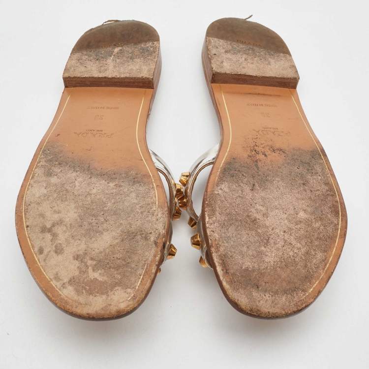 Pre Owned Prada Gold Leather Studded Flat Slides Size 38