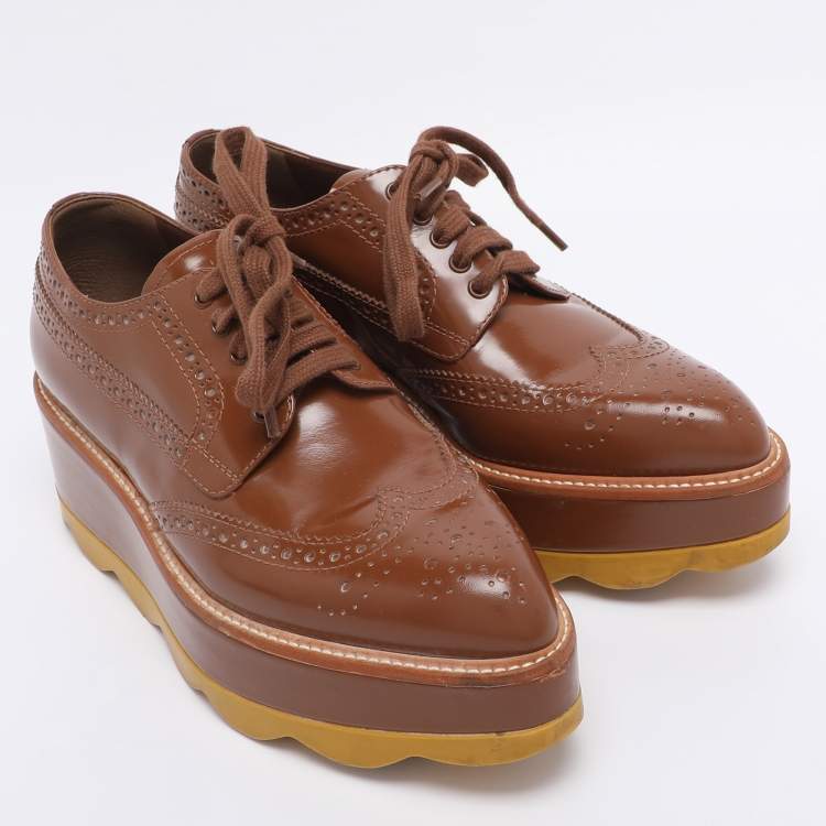 Pre Owned Prada Brown Brogue Leather Platform Derby Sneakers Size 35.5