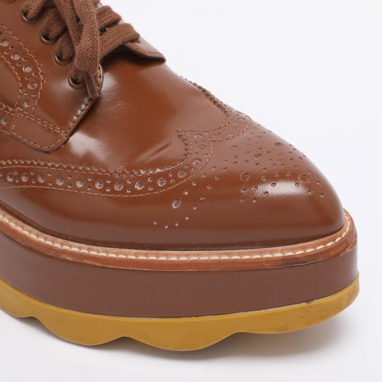 Pre Owned Prada Brown Brogue Leather Platform Derby Sneakers Size 35.5