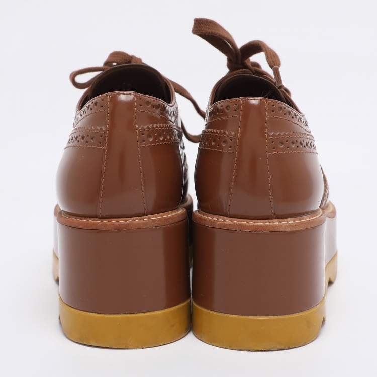 Pre Owned Prada Brown Brogue Leather Platform Derby Sneakers Size 35.5