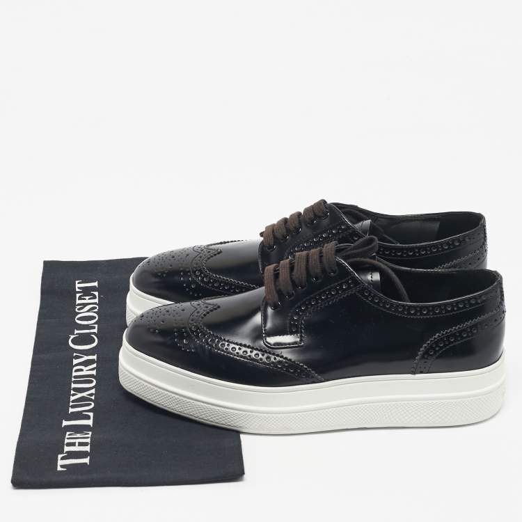 Pre Owned Prada Black Brogue Leather Platform Derby Sneakers Size 38.5