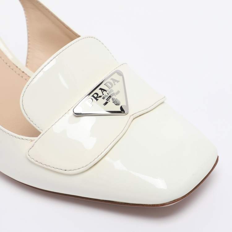 Pre Owned Prada White Patent Leather Block Heel Slingback Pumps Size 37.5