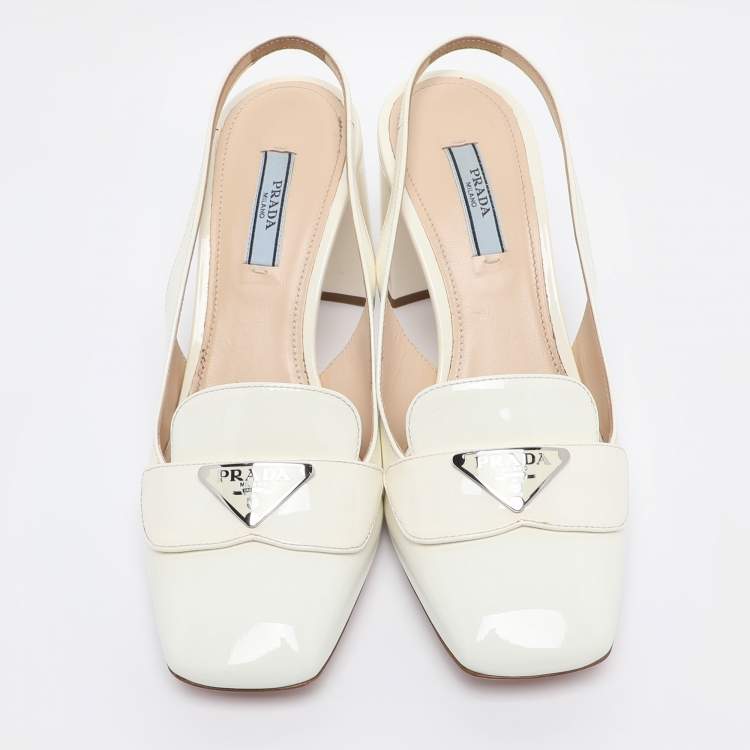 Pre Owned Prada White Patent Leather Block Heel Slingback Pumps Size 37.5