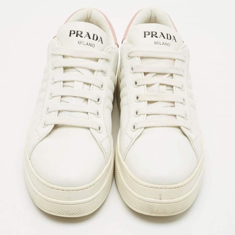 Pre Owned Prada White/Pink Leather Low Top Sneakers Size 37.5