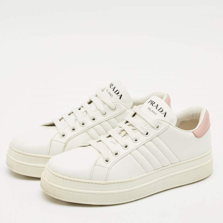 Pre Owned Prada White/Pink Leather Low Top Sneakers Size 37.5