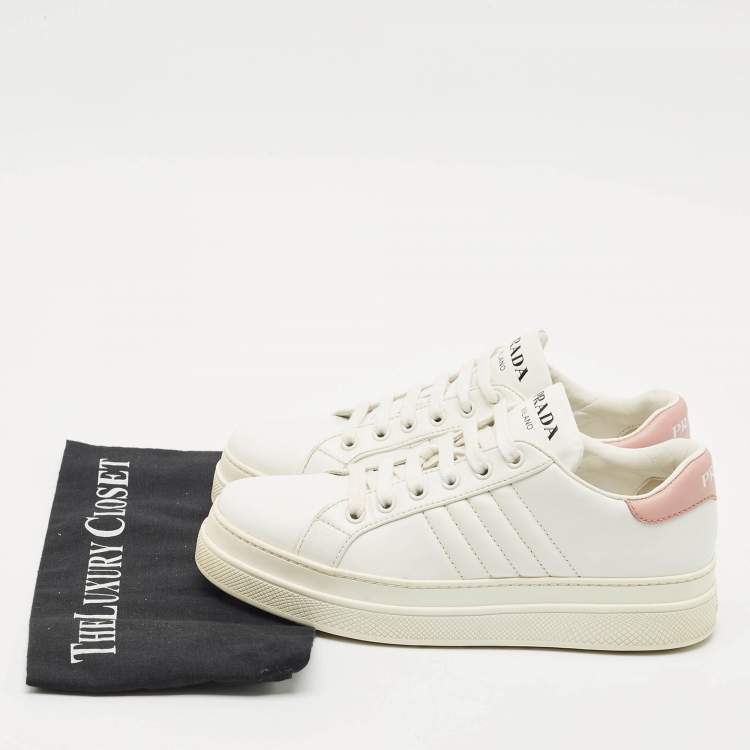 Pre Owned Prada White/Pink Leather Low Top Sneakers Size 37.5