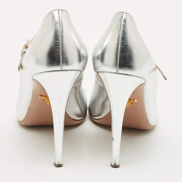 Pre Owned Prada Silver Leather Mary Jane Pumps Size 39