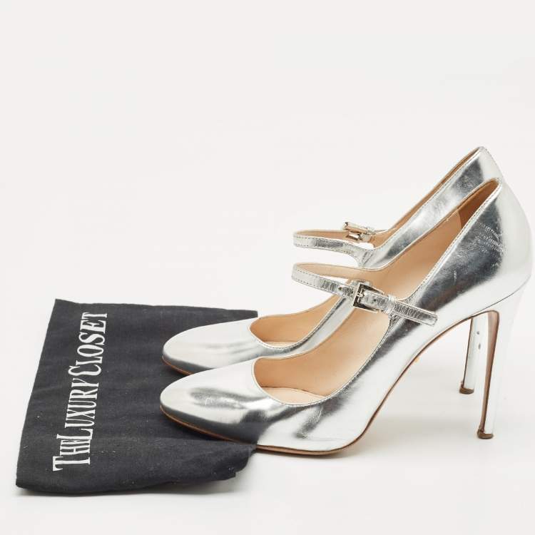 Pre Owned Prada Silver Leather Mary Jane Pumps Size 39