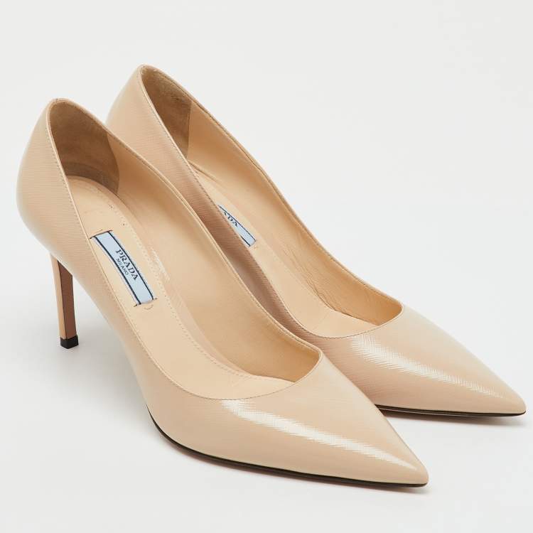 Pre Owned Prada Beige Saffiano Patent Leather Pointed Toe Pumps Size 39