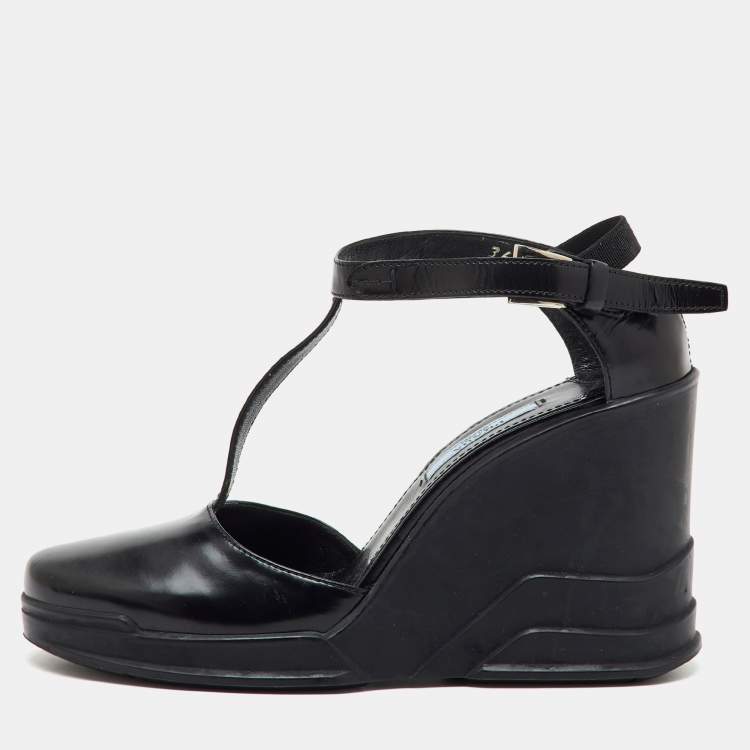 Pre Owned Prada Black Leather T-Strap Platform Wedge Sandals Size 36