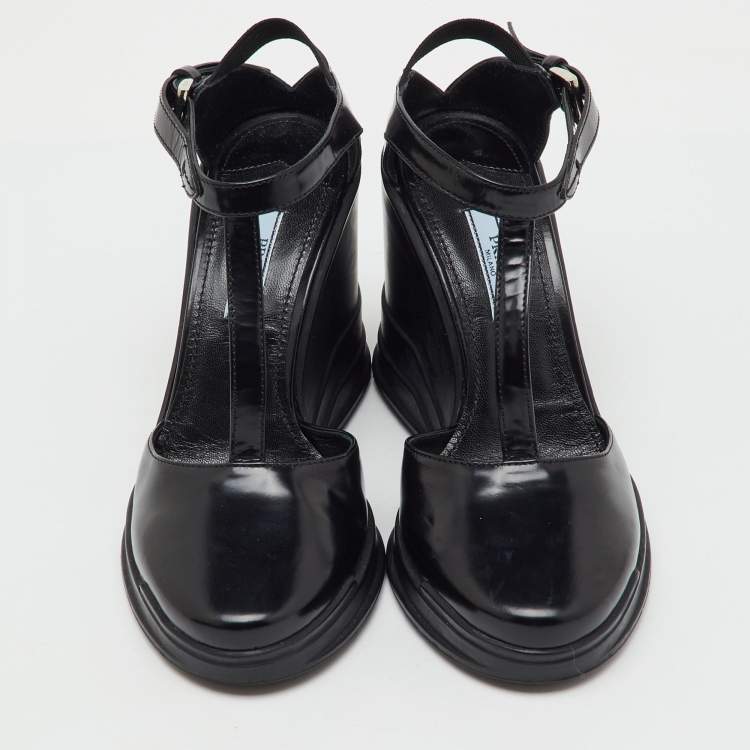 Pre Owned Prada Black Leather T-Strap Platform Wedge Sandals Size 36