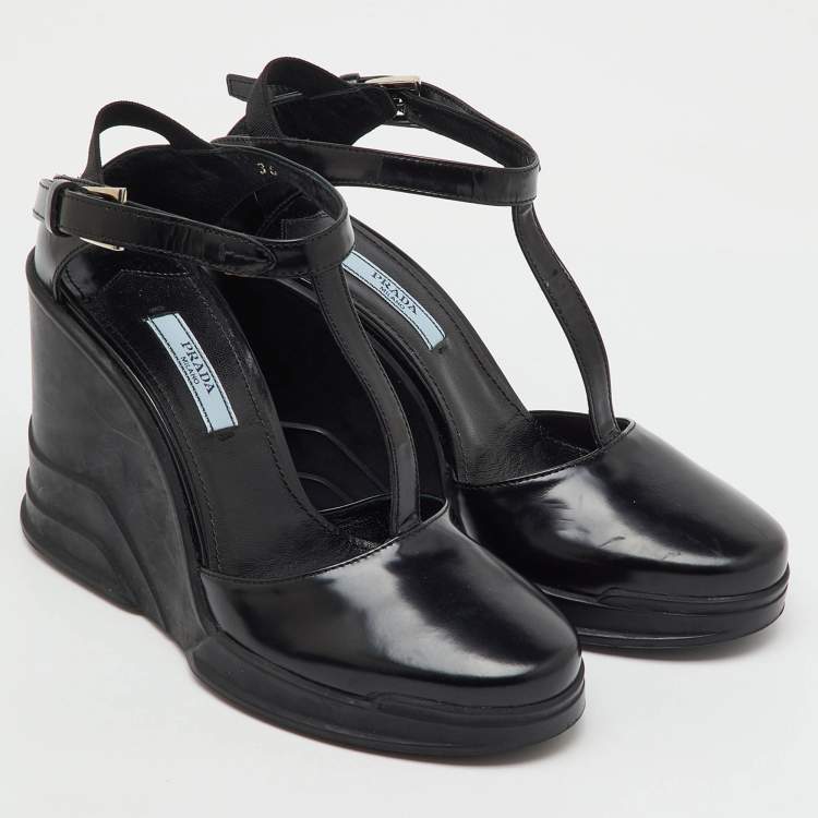 Pre Owned Prada Black Leather T-Strap Platform Wedge Sandals Size 36