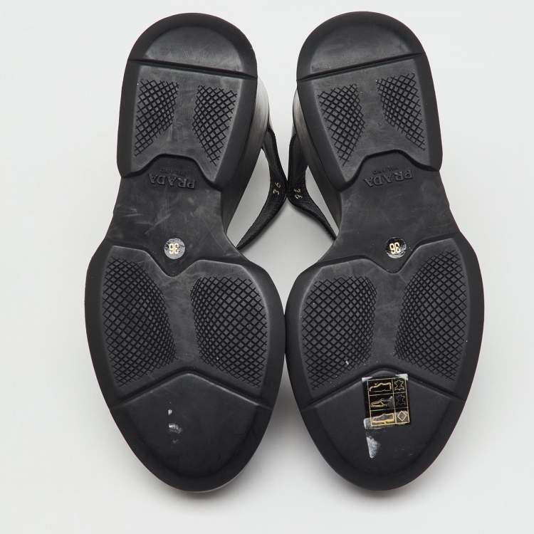 Pre Owned Prada Black Leather T-Strap Platform Wedge Sandals Size 36