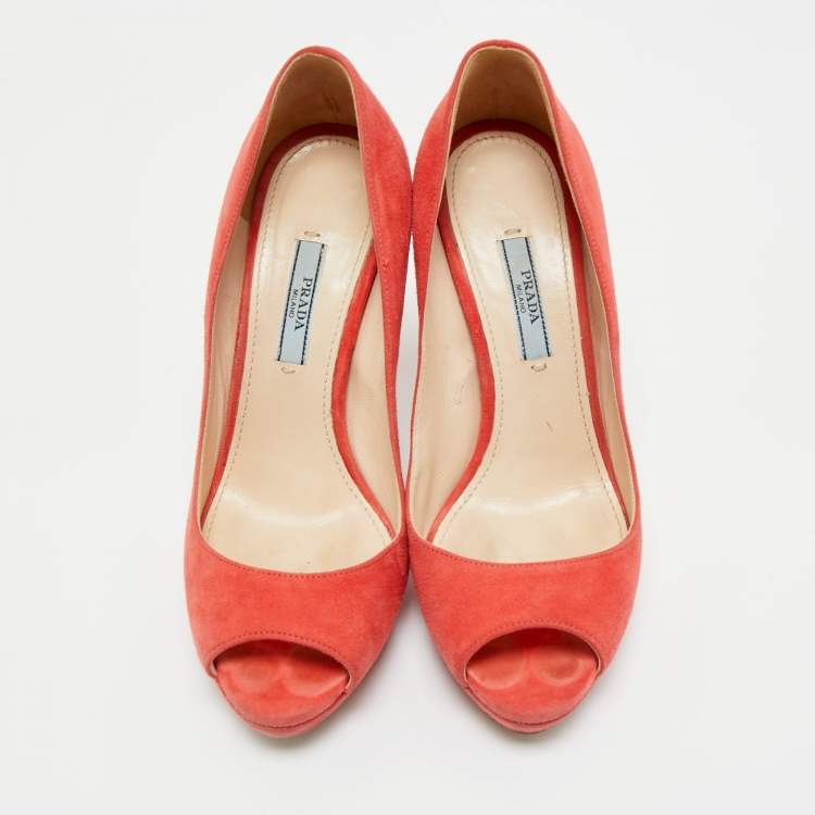 Pre Owned Prada Pink Suede Peep Toe Platform Pumps Size 36.5