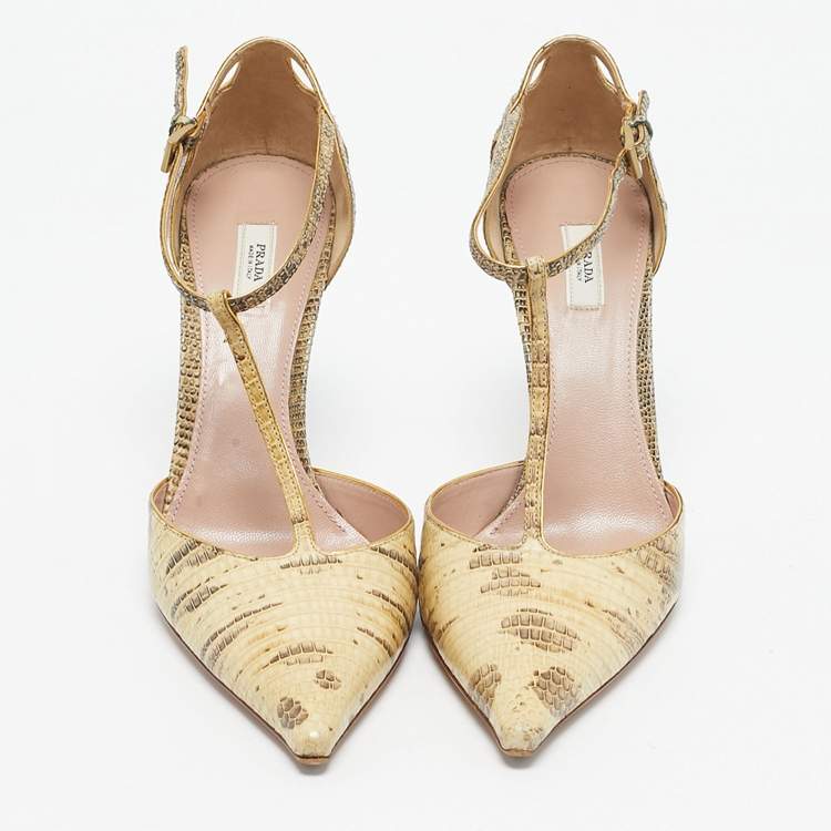 Pre Owned Prada Cream/Black Lizard T Strap Pumps Size 37