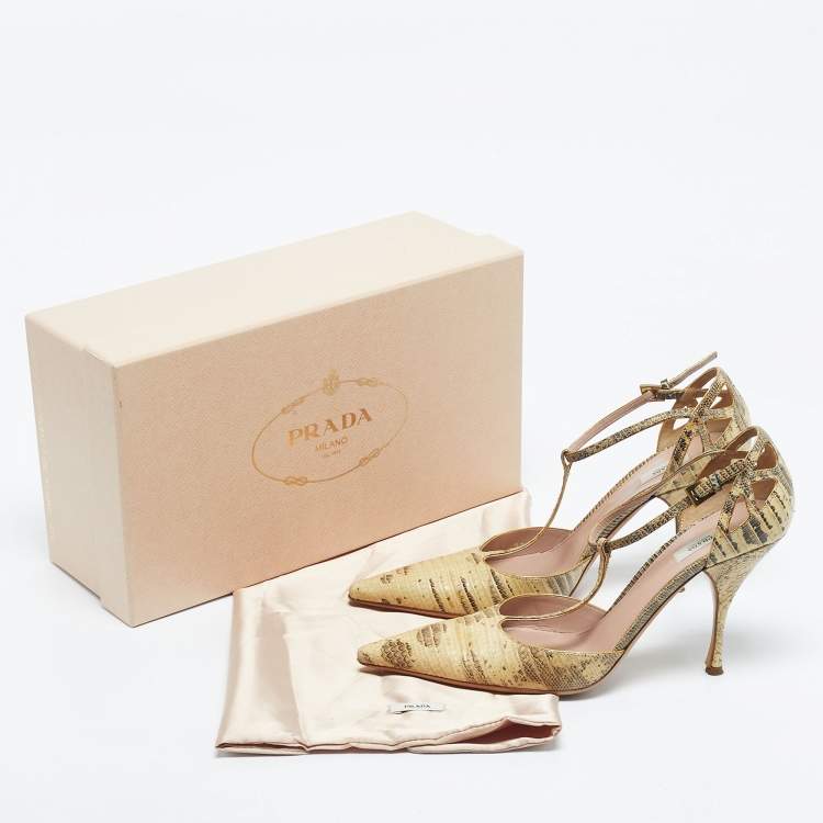 Pre Owned Prada Cream/Black Lizard T Strap Pumps Size 37