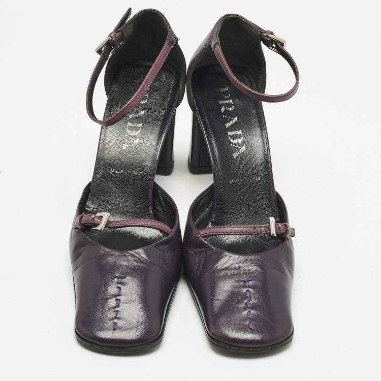 Pre Owned Prada Purple Leather Mary Jane Block Pumps Size 34.5