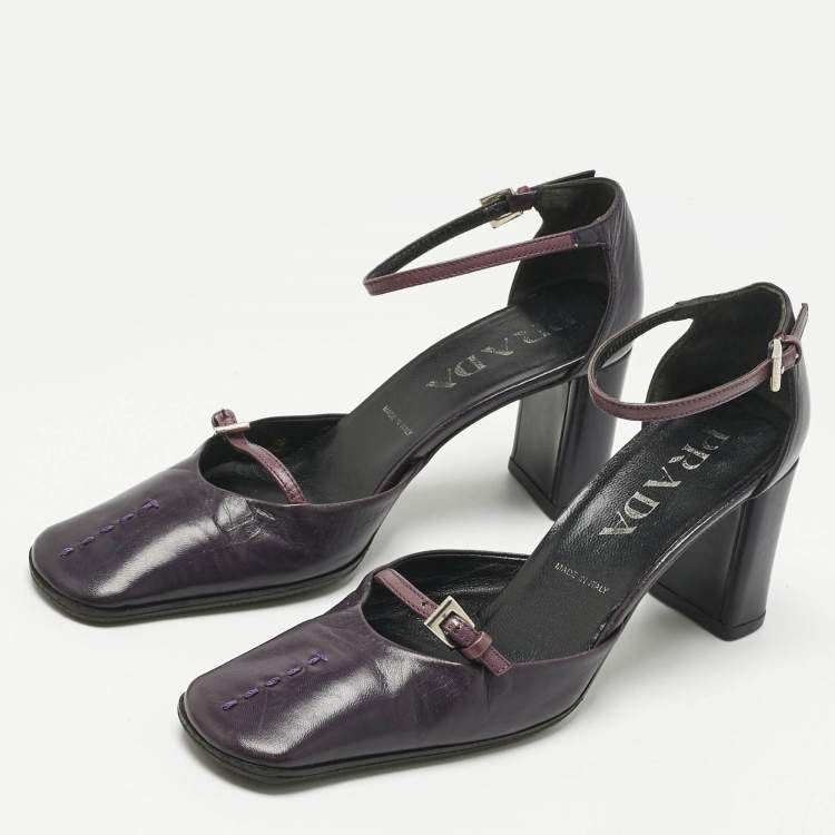 Pre Owned Prada Purple Leather Mary Jane Block Pumps Size 34.5