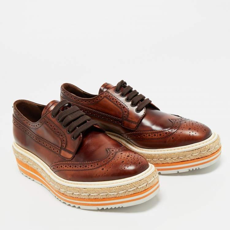 Pre Owned Prada Brown Brogue Leather Oxford Espadrille Sneakers Size 37.5