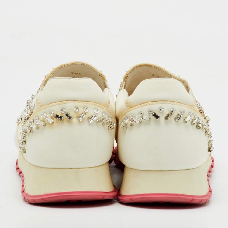 Pre Owned Prada White Canvas Crystal Embellished Slip On Sneakers Size 38.5