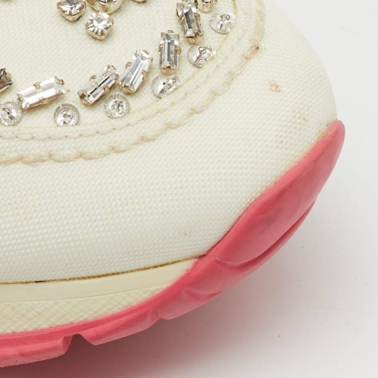 Pre Owned Prada White Canvas Crystal Embellished Slip On Sneakers Size 38.5