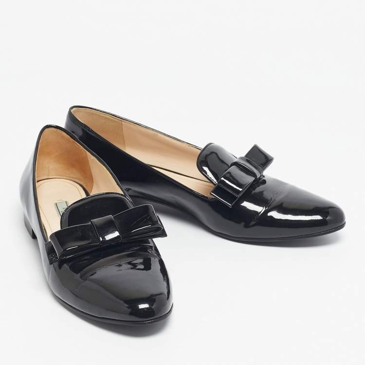 Pre Owned Prada Black Patent Leather Bow Smoking Slippers Size 39