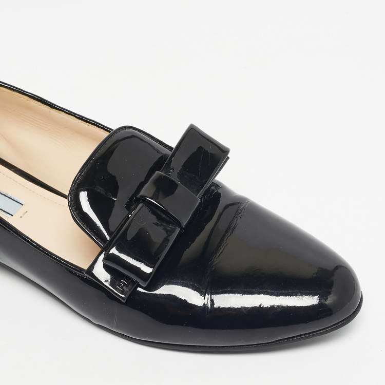 Pre Owned Prada Black Patent Leather Bow Smoking Slippers Size 39